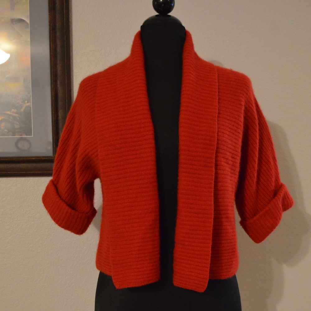 Calvin Klein Orange-Red Ribbed Open-Front Cropped Cardigan